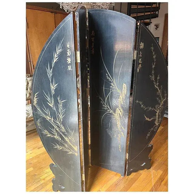 1950s Coromandel Black Laquer Chinoiserie Screen Room Divider For Sale - Image 4 of 12