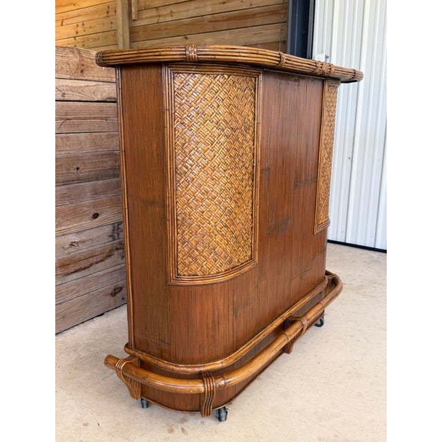 Vintage Boho Coastal Rattan & Pencil Reed Rolling Bar Cabinet With Gallery Rail For Sale - Image 10 of 12