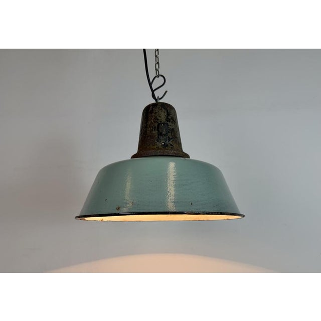 Industrial Petrol Enamel Factory Lamp with Cast Iron Top, 1960s For Sale - Image 9 of 18