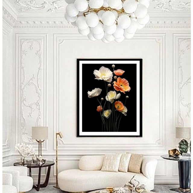 This photograph showcases a bouquet of delicate, vibrant poppies in various shades of orange, purple, yellow, and pink,...