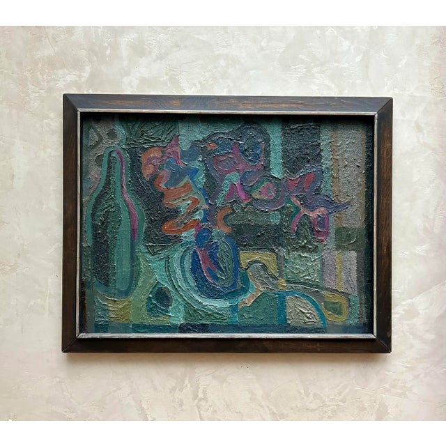 Colorful yet moody mid-century still life painting attributed to Peter Busa (1914 - 1985). Oil on board, unsigned....