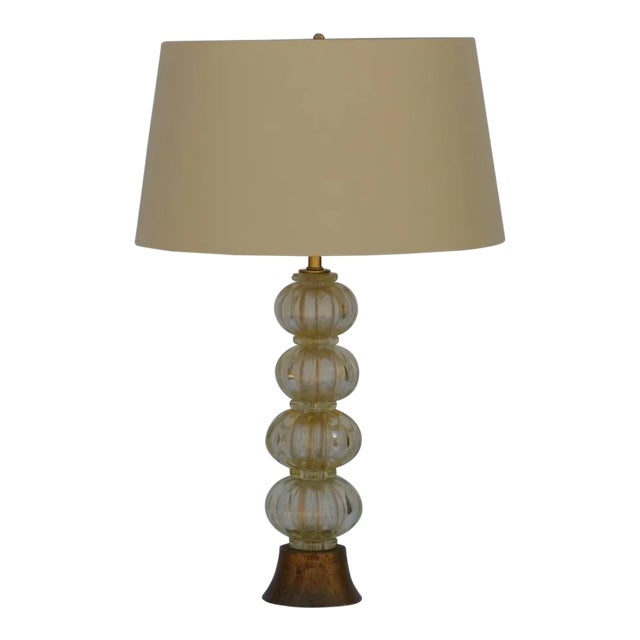 Heavy Gilt Murano Glass Stem Lamp With Custom Silk Shade For Sale