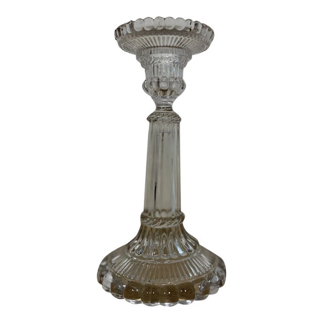 Vintage 1940s Pressed Clear Glass Candle Holder For Sale