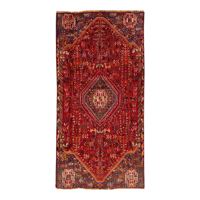 1960s Vintage Persian Shiraz Handmade Red Medallion Wool Rug For Sale