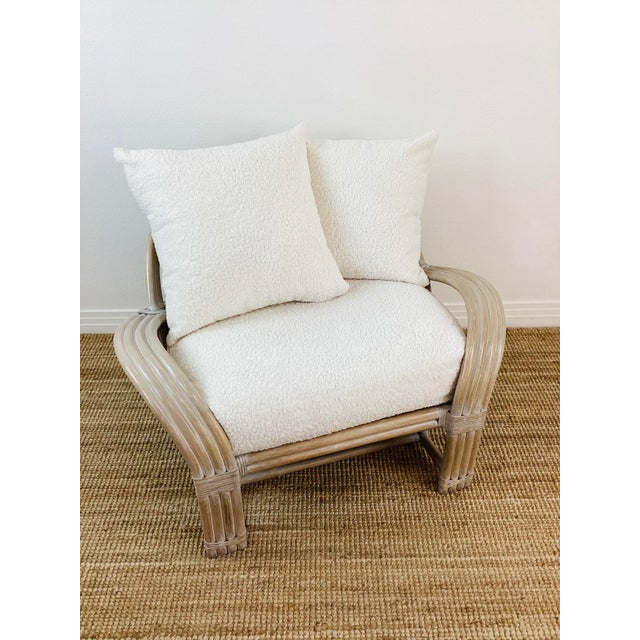 Wood Vintage Pair of McGuire Bent Rattan & Faux Shearling Oversized Upholstered Lounge Chairs For Sale - Image 7 of 12