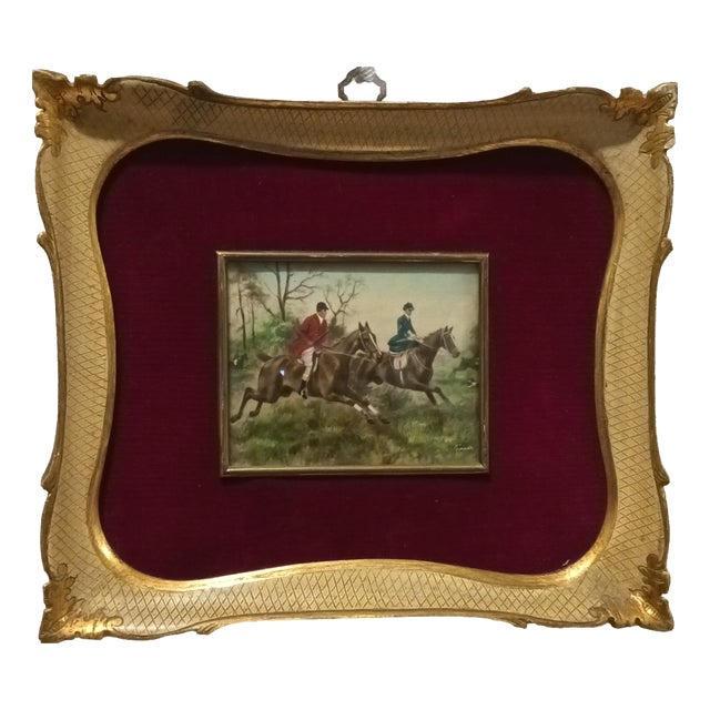 19th Century English Oil on Canvas Hunting Scene Miniature For Sale