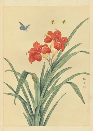 Mid-Century Botanical of Chinese Lily on Silk