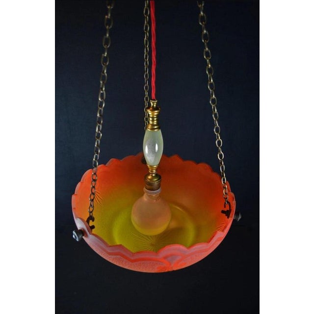 Gold Art Deco Etched Glass Plafonnier with Bronze, Brass and Alabaster Fittings, 1930 For Sale - Image 8 of 13