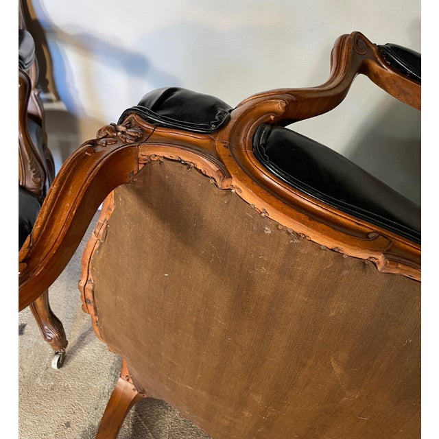19th Century Walnut Louis XV Style Carved Frame Chairs Upholstered in Black Faux Leather - A Miss-Matched Pair For Sale - Image 9 of 12