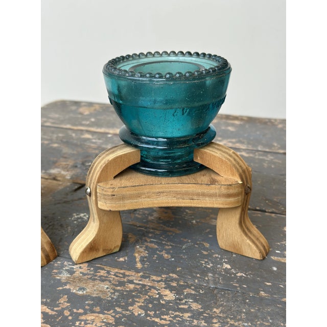 Vintage Make-Do Hemingray Glass Insulator Candleholders With Laminated Wood Bases, a Pair, Circa Mid 20th Century For Sale - Image 10 of 18