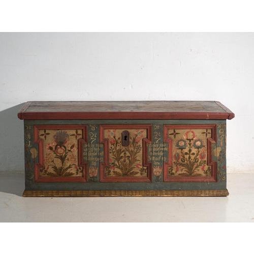 Brown Antique Marriage Chest in Painted Pine, Central Europe, 1775 For Sale - Image 8 of 18