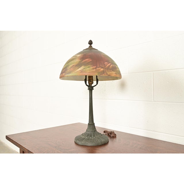 Handel Co. Antique Arts & Crafts Table Lamp With Painted Glass Landscape Scene Shade, Circa 1920s For Sale - Image 4 of 16