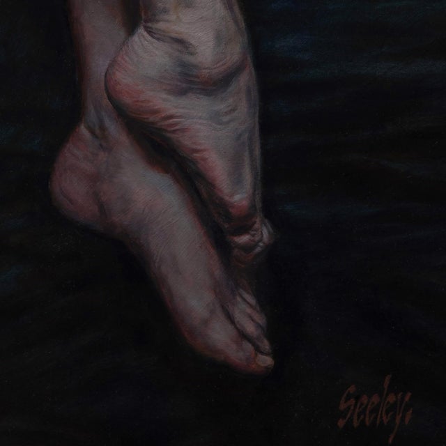 Figurative See No Evil by Dave Seeley | Oil on canvas on panel Depiction of a figure curled up in a white cloth. For Sale - Image 3 of 5