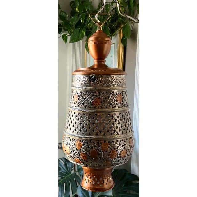 Metal Vintage Silver Copper Toned Floral Perforated Metal Urn Pendant Lamp For Sale - Image 7 of 13