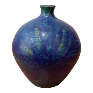 Mid 20th Century Studio Pottery Stoneware Dark Blue & Green Ombré Small Neck Vase With Makers Mark