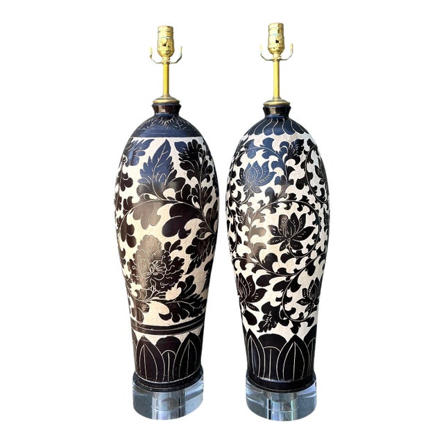 Vintage Matte Glazed Ceramic Floral Lamps - A Pair For Sale