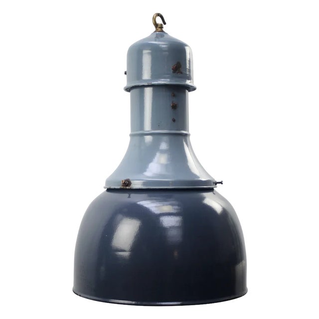 Vintage Industrial Blue Enamel Factory Pendant Light For Sale