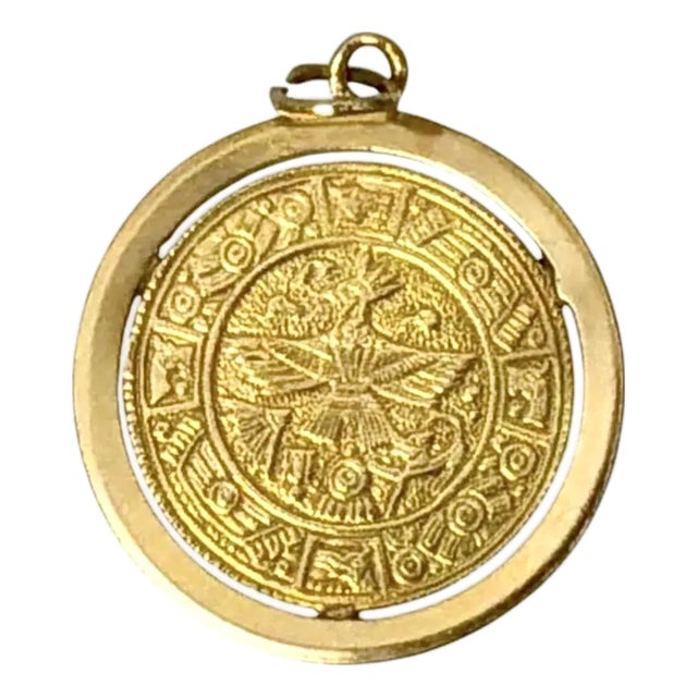 14k Gold Aztec Calendar Medallion Pendant Vintage For Sale