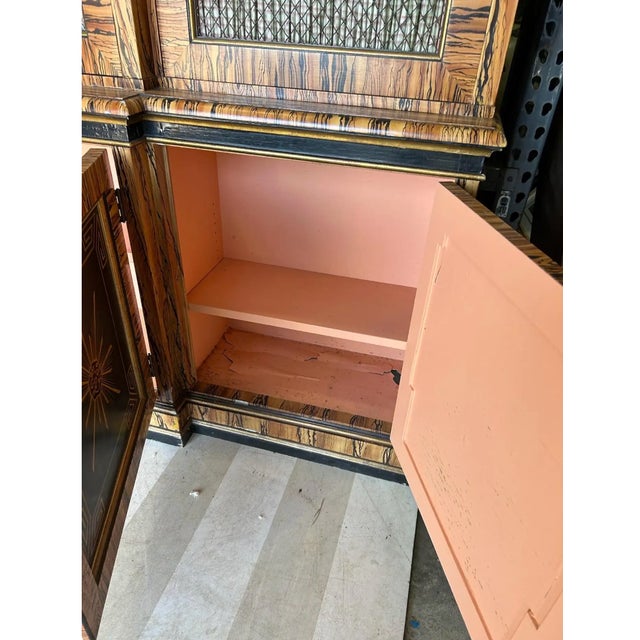 Brown Mid 20th Century Fabulously Faux Painted Breakfront Bookcase With Coral Interior For Sale - Image 8 of 9