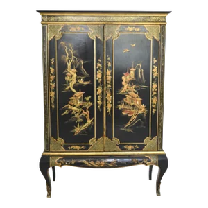 1940s Hollywood Regency Black Lacquered Chinoiserie Gilt Decorated Cabinet