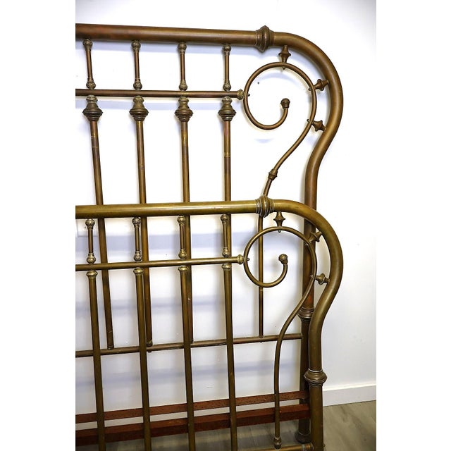 Antique Art Nouveau Brass Full Bed With Scrollwork & Engraved Details, C. 1900 For Sale - Image 4 of 10