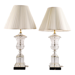 Pair of Cut Crystal Urn-Form Table Lamps on Black Marble Bases, Mid-20th Century