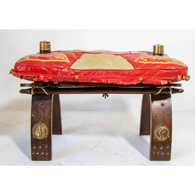 1950s Egyptian Ottoman Camel Saddle Stool With Red and Gold Cushion For Sale In Palm Springs - Image 6 of 12