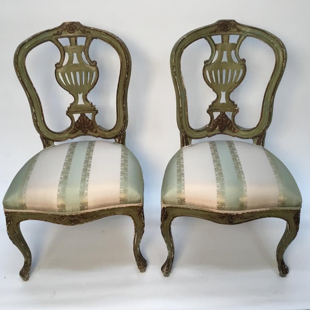 Late 19th Century Late 19th Century Vintage Italian Green Painted, Carved and Gilt Louis XV Side Chairs- A Pair For Sale - Image 5 of 12