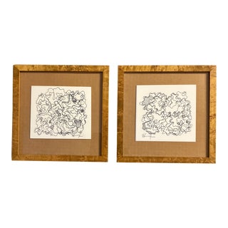 1980’s Original Wayne Cunningham Abstract Blue Ink Drawings Vintage Frames-A Pair For Sale