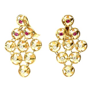 18 Karat Gold, Ruby and Diamond Chandelier Lever Back Pierced Earrings, French - 2 Pieces For Sale