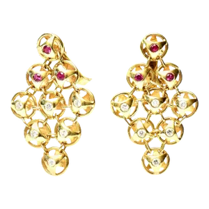 18 Karat Gold, Ruby and Diamond Chandelier Lever Back Pierced Earrings, French - 2 Pieces