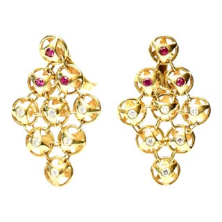French 18 Karat Gold, Ruby and Diamond Chandelier Lever Back Pierced Earrings - 2 Pieces For Sale