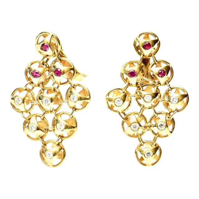 French 18 Karat Gold, Ruby and Diamond Chandelier Lever Back Pierced Earrings - 2 Pieces For Sale