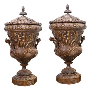 Large Bronze Urns Monumental Campana Cherub attributed to Clodion, Set of 2 For Sale