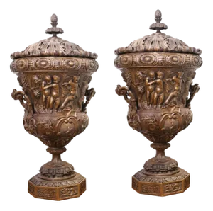 Large Bronze Urns Monumental Campana Cherub attributed to Clodion, Set of 2