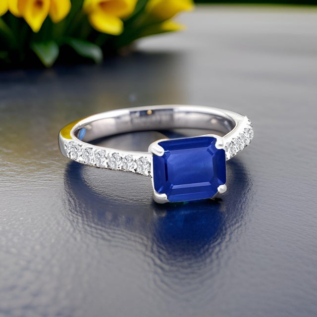 Natural Sapphire Diamond Ring 6.5 14k W Gold 1.99 TCW Certified, Size 6.5 For Sale - Image 4 of 15