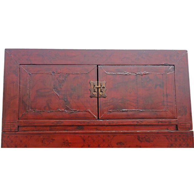 96" Tall Red Lacquer Antique Chinese Chinoiserie-Style Cabinet For Sale - Image 4 of 8
