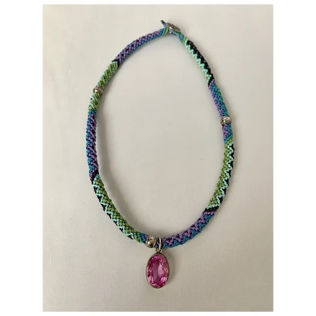 Sterling and Pink Stone Macrame Necklace For Sale In Denver - Image 6 of 12