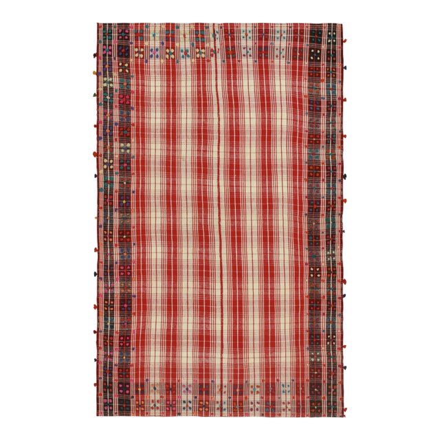 1950s Vintage Persian Kilim in Red and White Plaid Geometric Pattern by Rug & Kilim For Sale