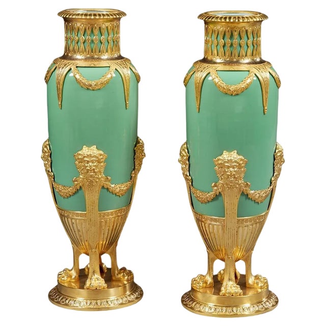 Jade Green Opaline and Gilded Brass Vases, 1880, Set of 2 For Sale