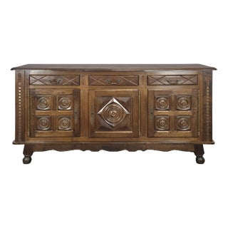 Low Sideboard with Three Doors in Carved Oak on Ball Feet For Sale