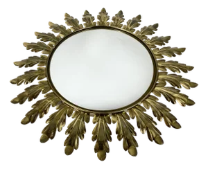 Vintage Sunburst Convex Wall Mirror with Oak Leaves & Metal Frame, Belgian, 1960s
