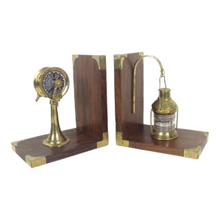 1960s Mid-Century Nautical Teak Wood and Brass BookendsShip Telegraph and Lantern - Set of 2 For Sale