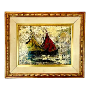 1970s Mid-Century Brutalist Sailboats in Harbor Seascape Original Oil Painting, Artist Signed