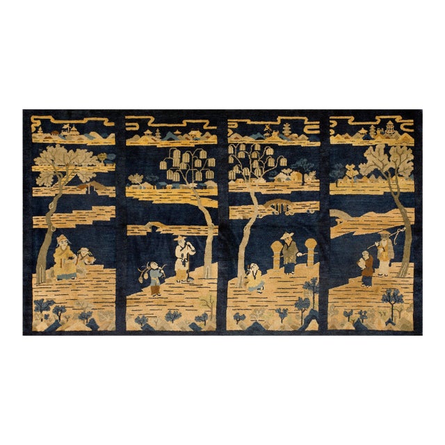 1920s Blue Navy Scene Pictorial Antique Peking Rug 4' 10'' X 8' 6'' Handknotted Wool Carpet For Sale