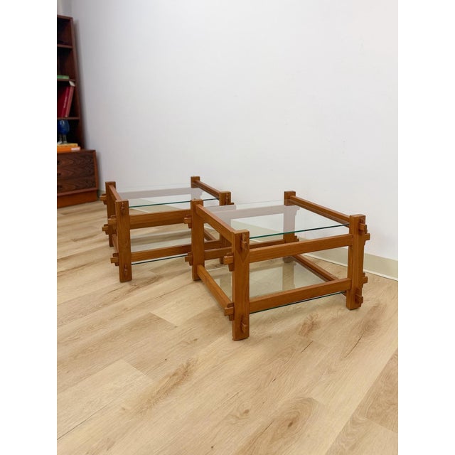 Mid-Century Modern Pair of Vintage Teak Mortise and Tenon Side Tables, Glass Top and Base For Sale - Image 3 of 10