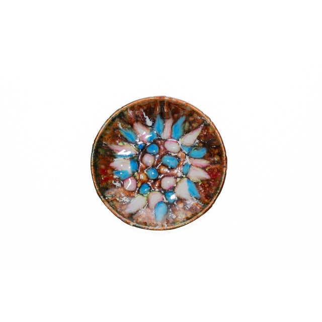 This vintage 1960's enamel over copper bowl has an abstract starburst design.. Great as a catchall or decorative bowl in...