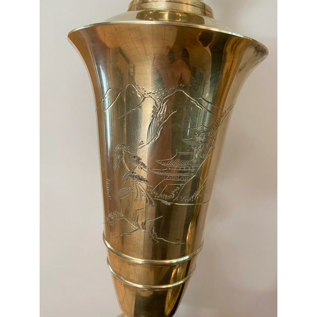 Metal Tall Mid-Century Modern Asian Inspired Brass Urn Lamps- a Pair For Sale - Image 7 of 13