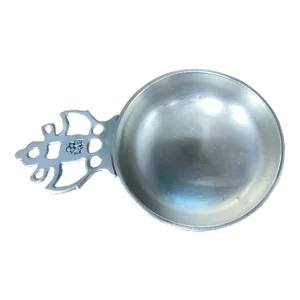 Antique English Fine Polished Pewter Taster With Ornate Handle