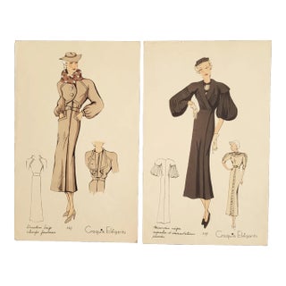 1937 Set of 2-French Art Deco Fashion Croquis For Sale